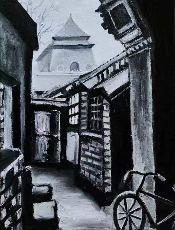 田迎人黑白油画《钟楼不敲钟》